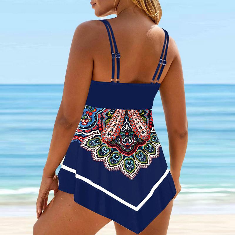 Women's Shoulder Strap Swimsuit Crystal Flower Print Bikini Tankini Swimsuit