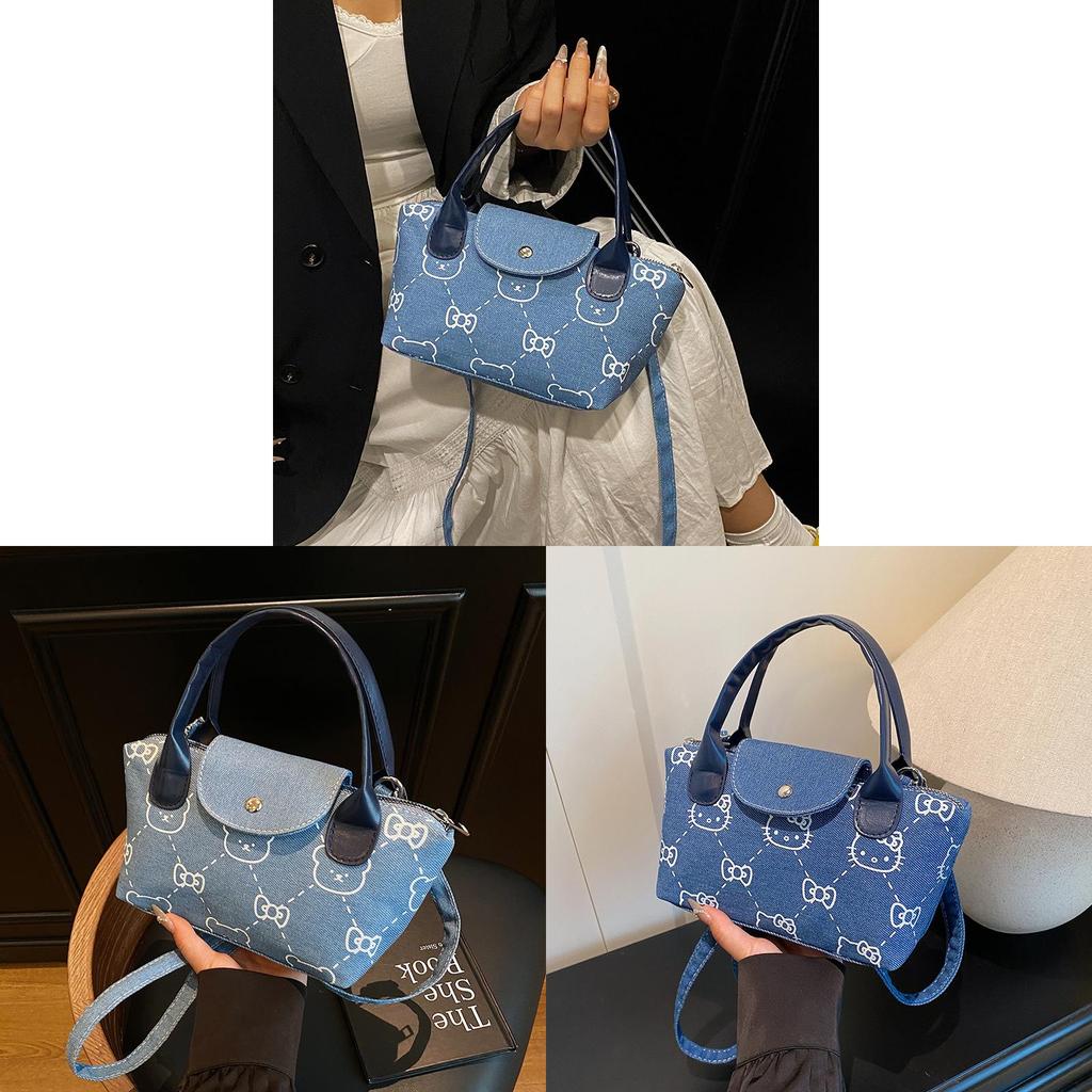 Cute Printed Denim Handbag With Flap Pocket For Ladies Casual Everyday Use