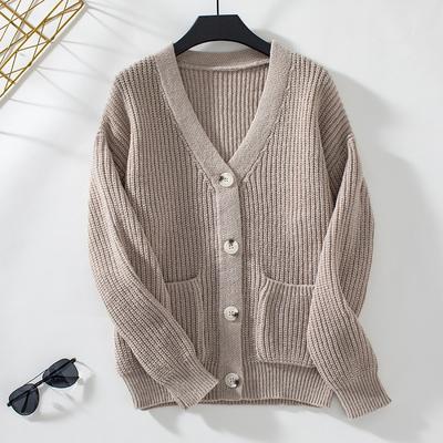 Sweter damski na jesień/zimę, luźny, swobodny, jednokolorowy, z dekoltem w serek, jednorzędowy, dzianinowy
