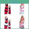 Stunning Color-blocking Blue And Red Striped Maxi Dress For Women And Kids