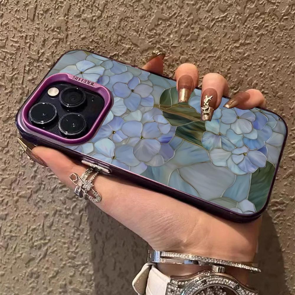Blue Hydrangea Stained Glass Art Phone Case for iPhone 17 16 15 14 13 12 11 Series Pro Max Plus Double Layer Protection