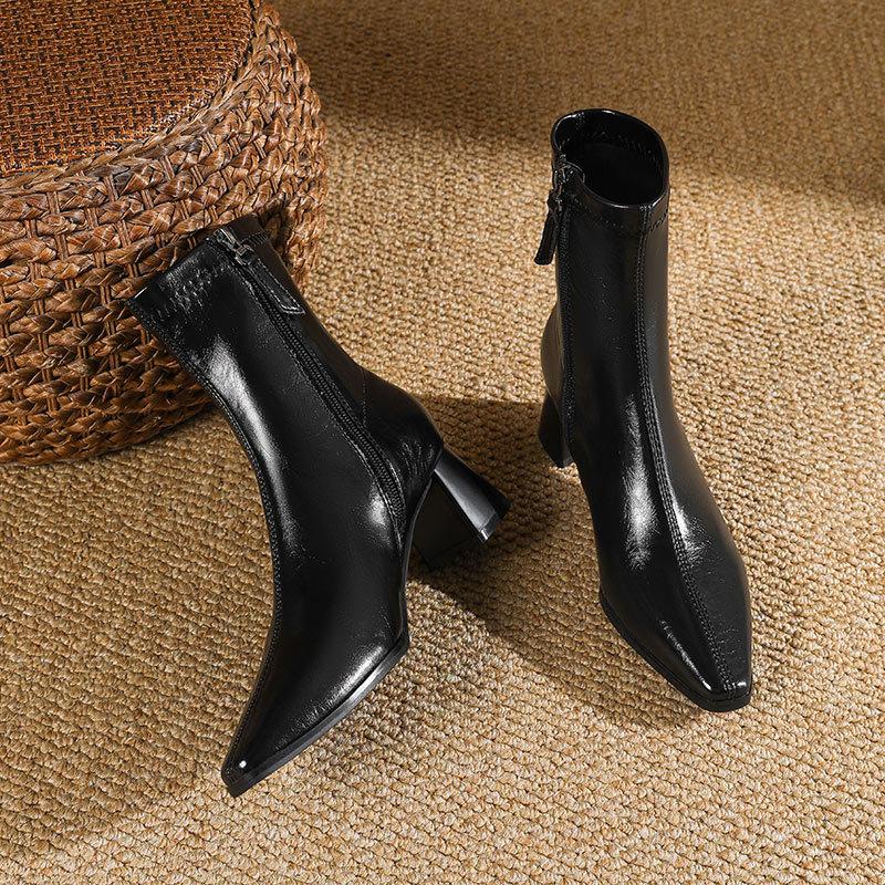 High-heeled Short Boots Women's Spring and Autumn Single Boots 2024 New Women's Boots Medium Tube Thin Pointed Fashion Boots Thick-heeled Leather Boo