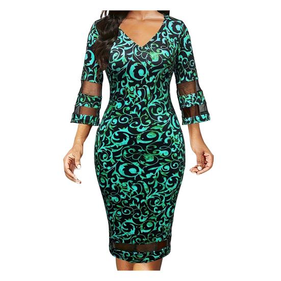 

2024 Женское платье соответствующего цвета с цветочным принтом и V-образным вырезом в сетку в стиле пэчворк с рукавами три четверти Slim Fit длиной до колена с рукавами-рогами платье-футляр миди M зелёный