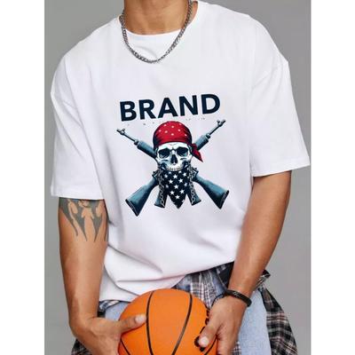 Crew Neck T Shirt White Skull with American Flag Bandana and Crossed Guns Brand Logo Print Casual Wear for Men