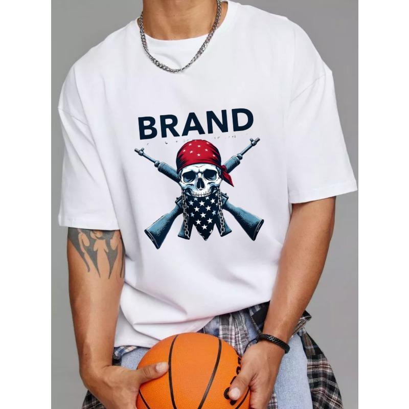 

Crew Neck T Shirt White Skull with American Flag Bandana and Crossed Guns Brand Logo Print Casual Wear for Men XXXXL білий