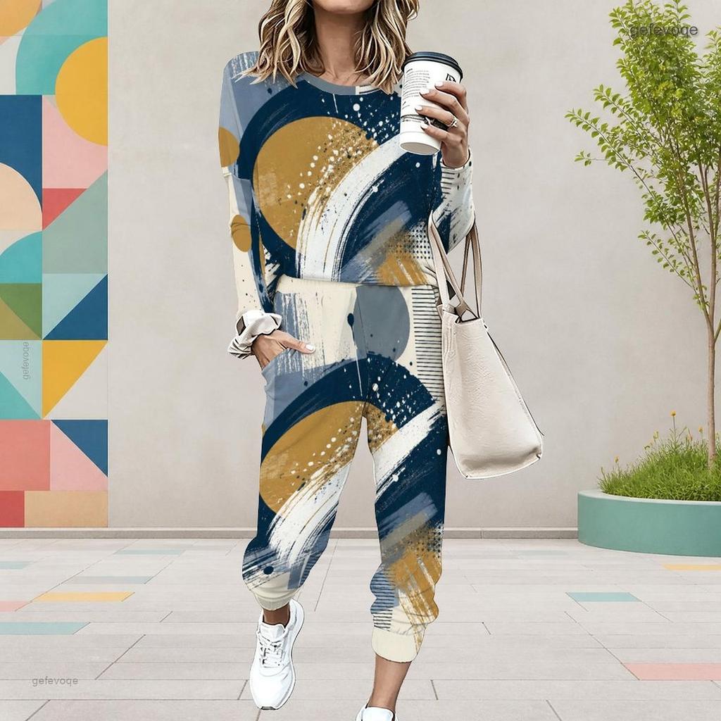 Women Plus Size Two Piece Set Round Neck Long Sleeve Geometric Printed Cuffed Top Cuffed Pants With Pockets