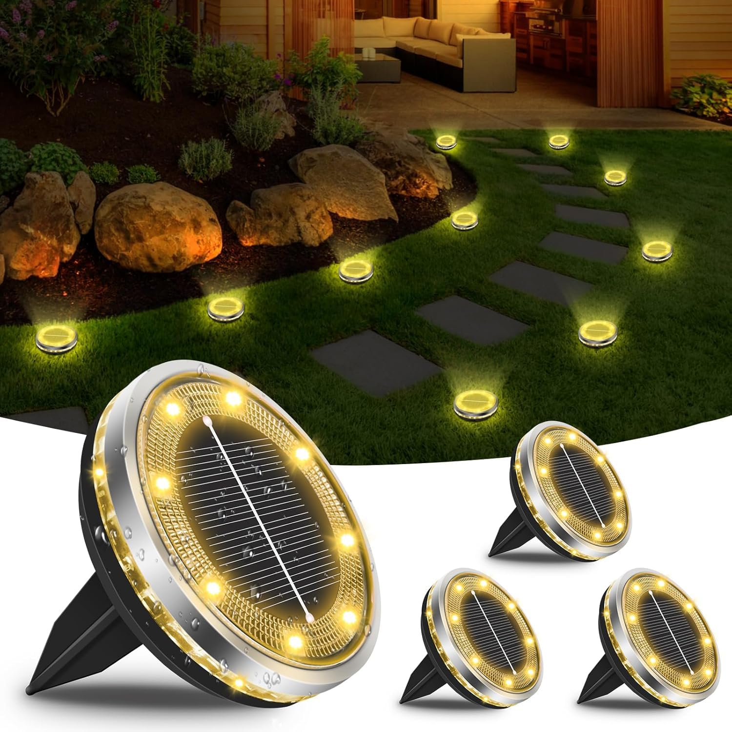 

Solar Outdoor Lights [New for 2026, Industry-Class Lumens] Solar-Powered Garden Lights, IP68 Waterproof, Ultra-Bright, Recessed, 12 LEDs, Light