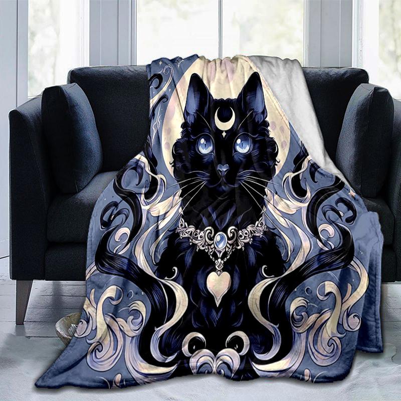 1pc Moonlight Black Cat Blanket  Seasonal Home Decorative Throw, Unique Gift Idea, Living Room, Travel, Camping, Car Blankets