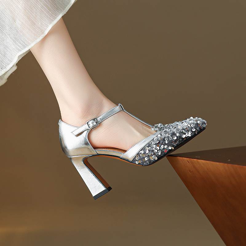 Krazing Pot Paillettenstoff Quadratische Zehenpartie Größe 41 High Heels Bling Glänzend Party Hochzeitsschuhe Herbst Schleife Pumps