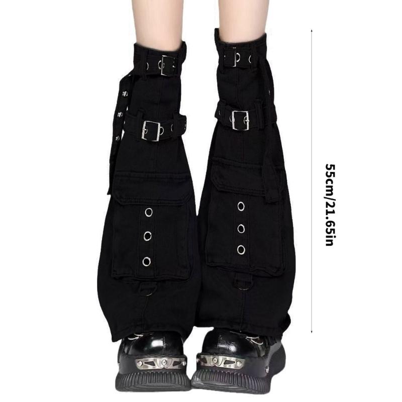 Womens Punk Denims Flared Leg Warmers Eyelets Buckled Strap Pocketed Cargo Boot Cover Over Knee Stockings Streetwear