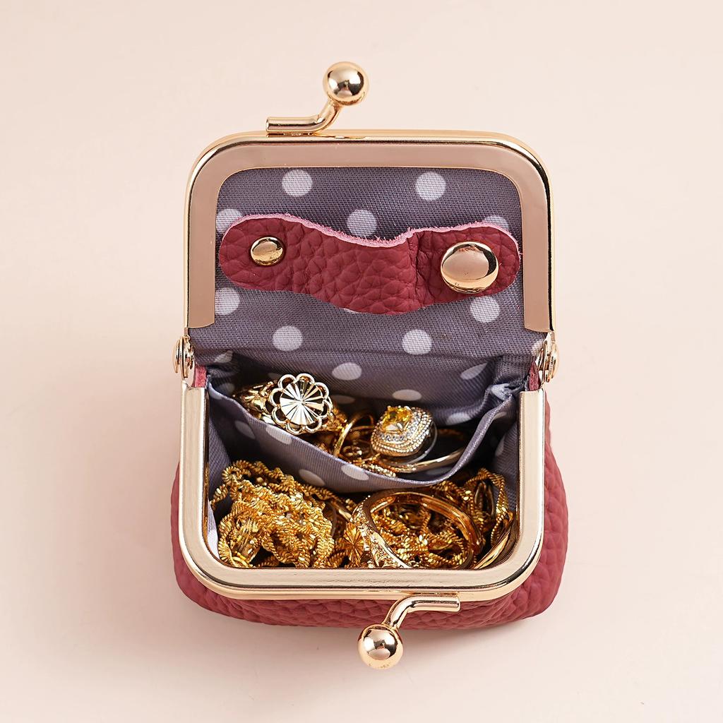 Damen Mini-Münzbörse aus echtem Leder Unifarbene Kussverschluss-Münztasche Lässige kleine Aufbewahrungstasche