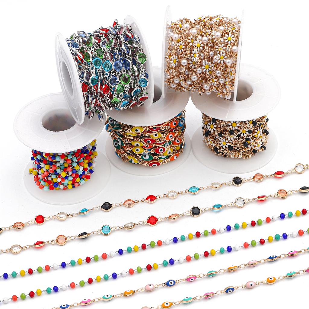 50 cm handgefertigte Kette mit Gänseblümchen-Blume, böser Blick, Strass-Kristall-Perlenkette für Halskette, Armband, DIY-Schmuckherstellung
