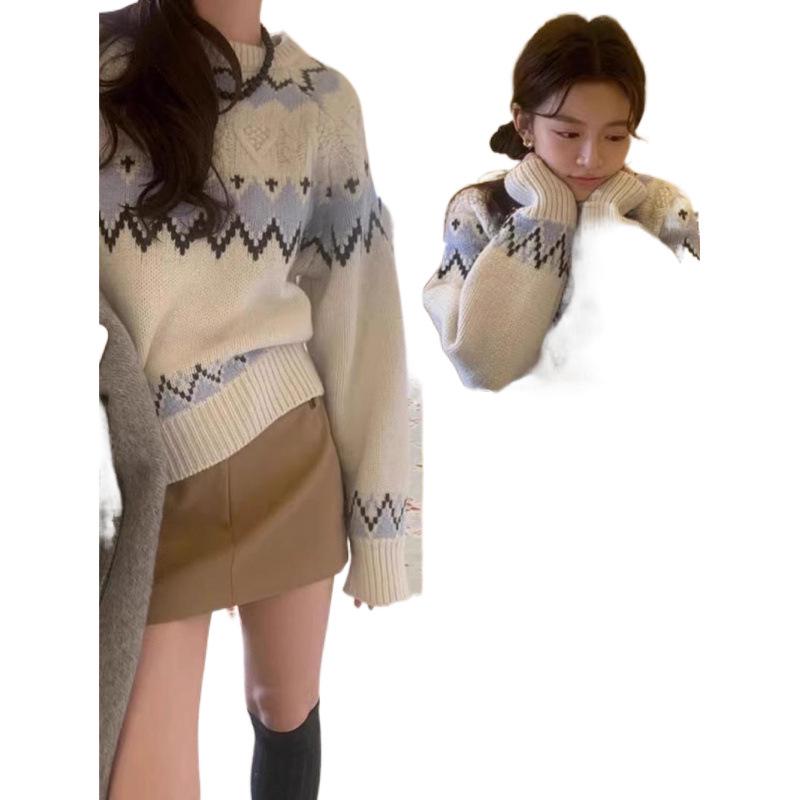 Women's Retro Color Block Jacquard Sweater - Autumn/Winter 2023 Soft Cable Knit Long Sleeve Top