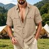 Men's Linen Button Down Shirt Short Sleeve Dual Chest Pocket Relaxed Fit Collared Utility Beach Overshirt Casual Top