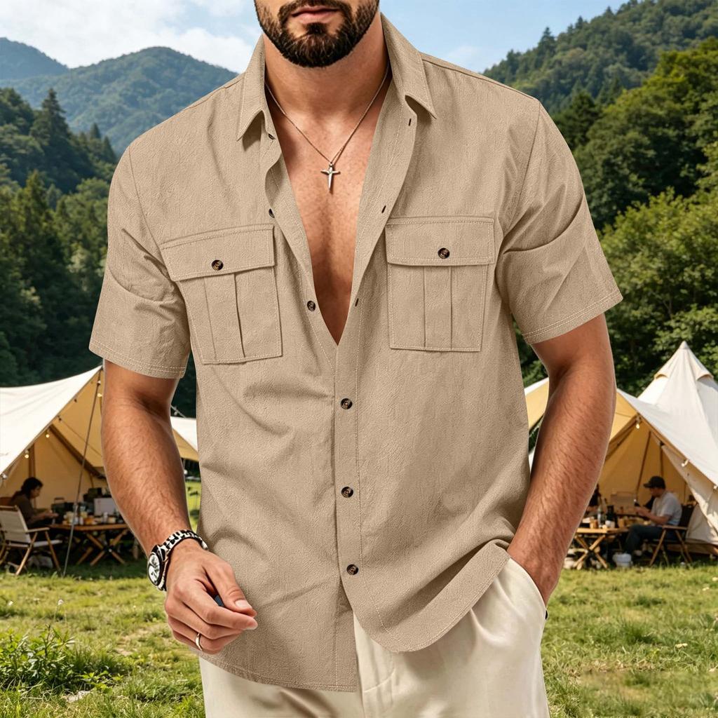 Men's Linen Button Down Shirt Short Sleeve Dual Chest Pocket Relaxed Fit Collared Utility Beach Overshirt Casual Top