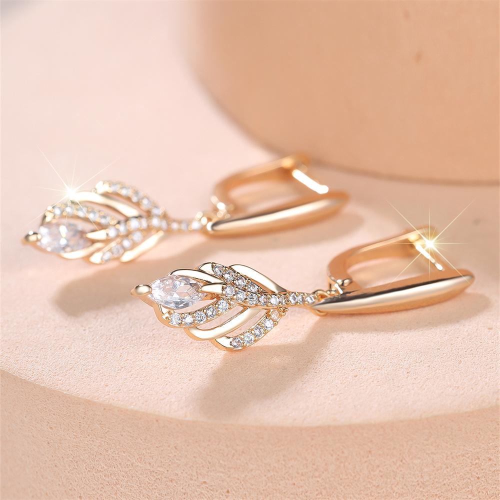Water Drop Tassel White Zircon Leaf Pendant Hoop Earrings For Women Gold Color Ear Buckle Wedding Jewelry Engagement Party Gifts