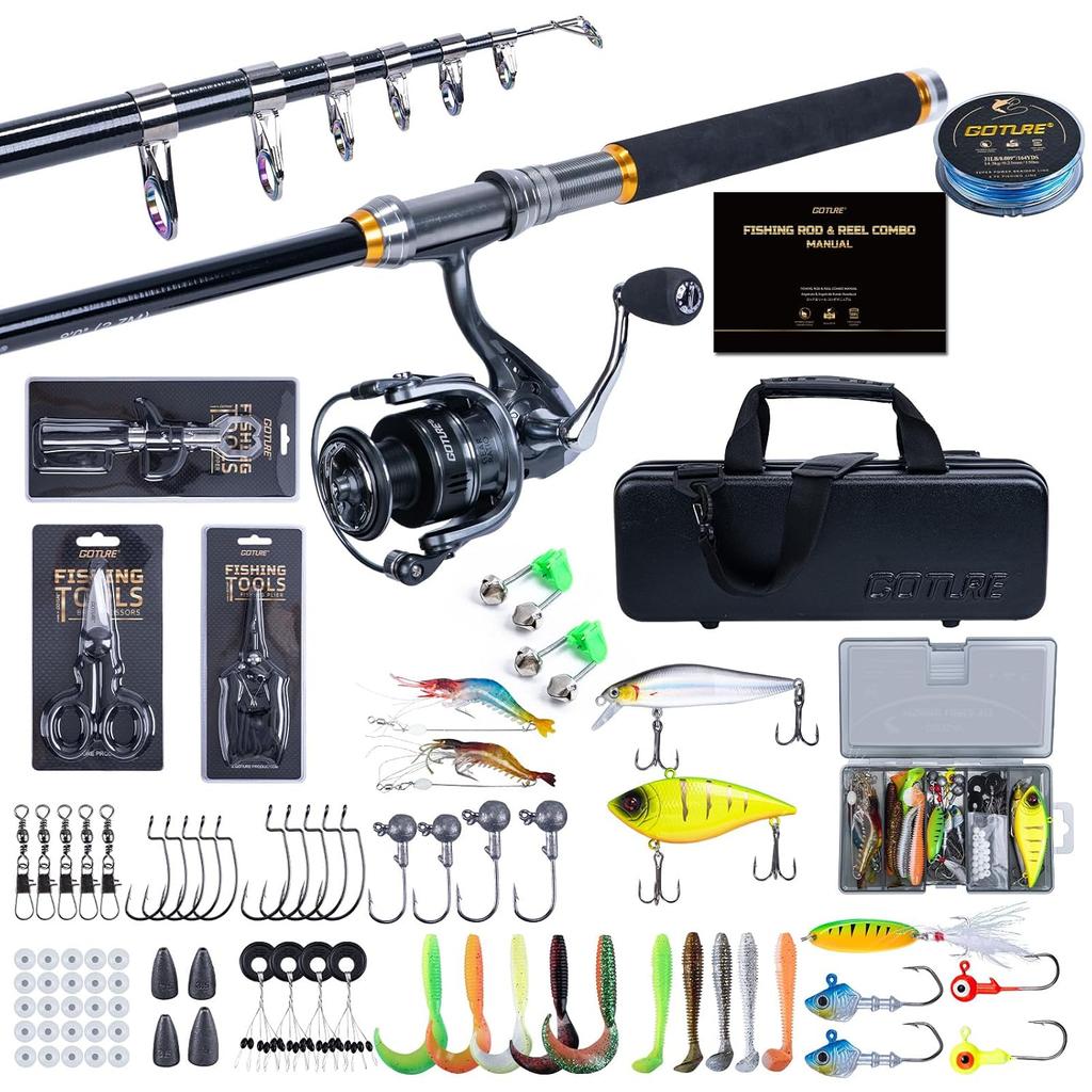 Goture Fishing Set 1.8m 2.1m 2.4m 2.7m Beginner-friendly High-durability Line Included Smooth Spinning Reel Carbon Telescopic Rod 66 Lures 32 Types