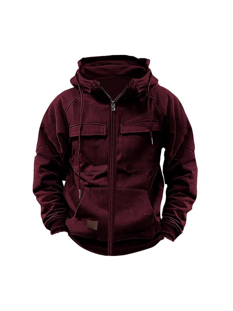 Men's Retro Leather Patch Hooded Sweatshirt - Solid Color, Cross-Border, Autumn/Winter Collection