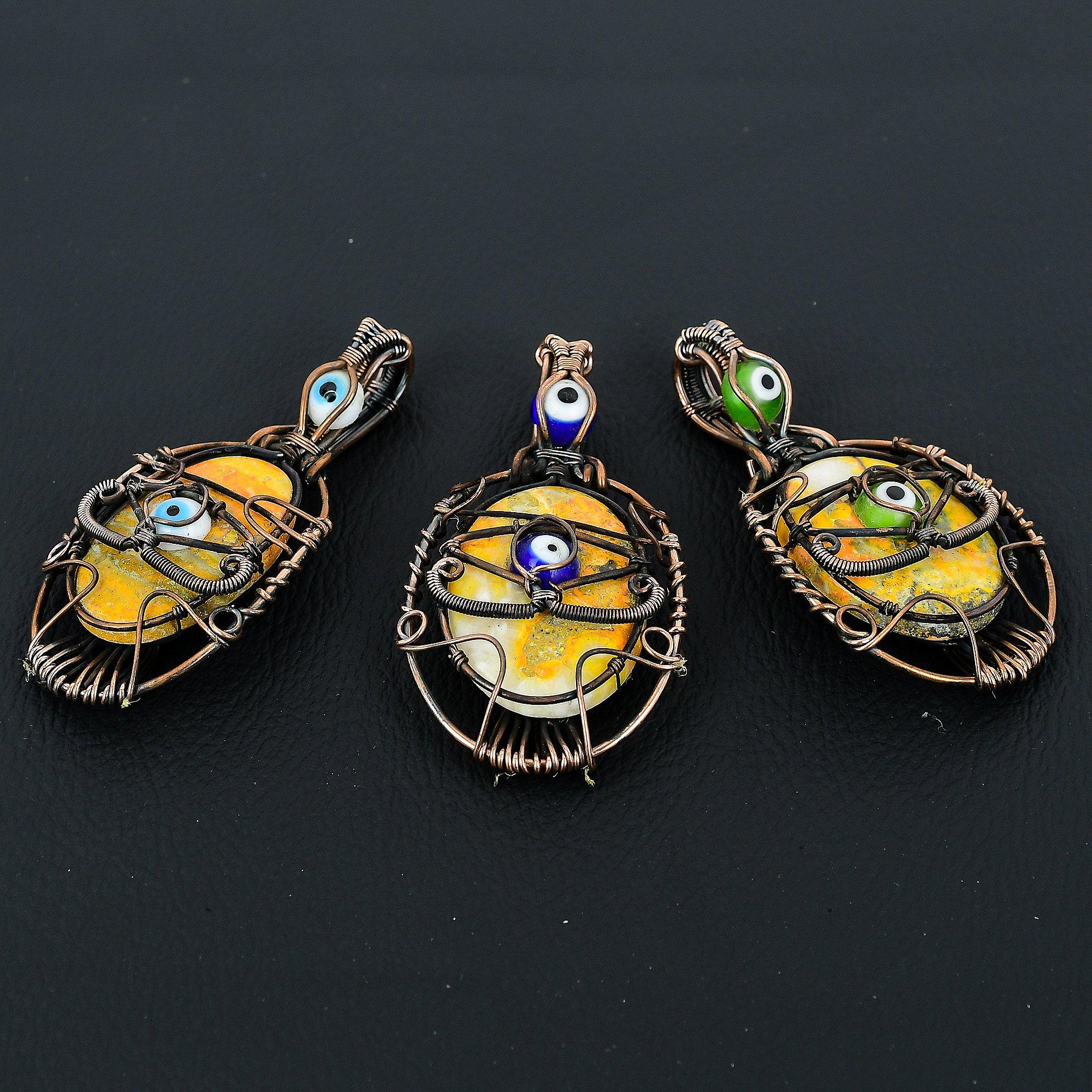

Bumble Bee Jasper & White Evil Eye Jewelry, 999 Copper Wire Wrapped Gemstone Pendant, Handmade Pendant, For Memorial Day 2.55 Inches