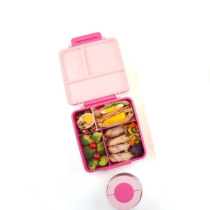 

Ланч-бокс с четырьмя сетками и чашей из нержавеющей стали, портативный разделенный контейнер для микроволновой печи Bento для подростков и работников школы розовый