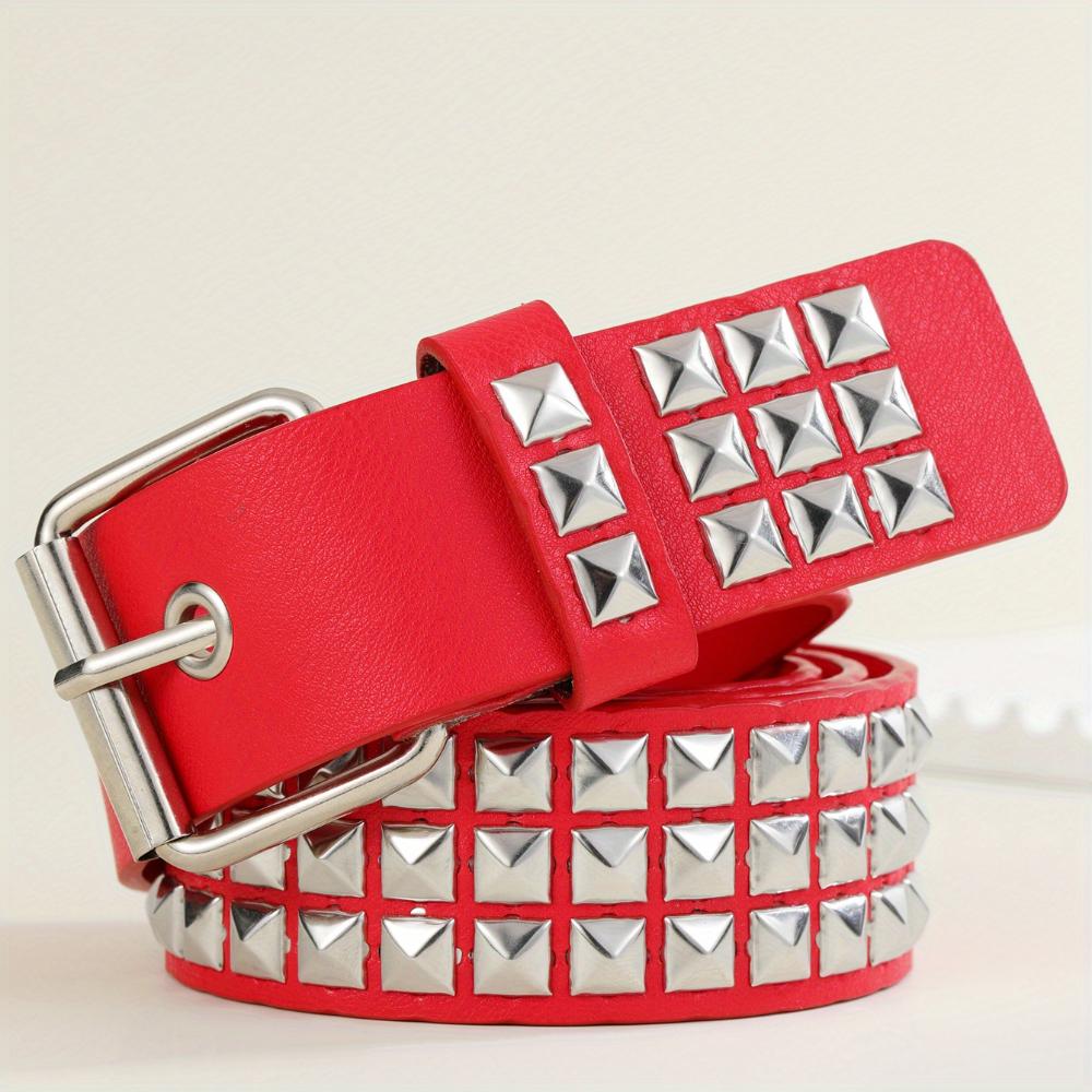 Black Rivet Punk Style Belt with Bright Metal Pyramid Decoration, Suitable for Men and Women