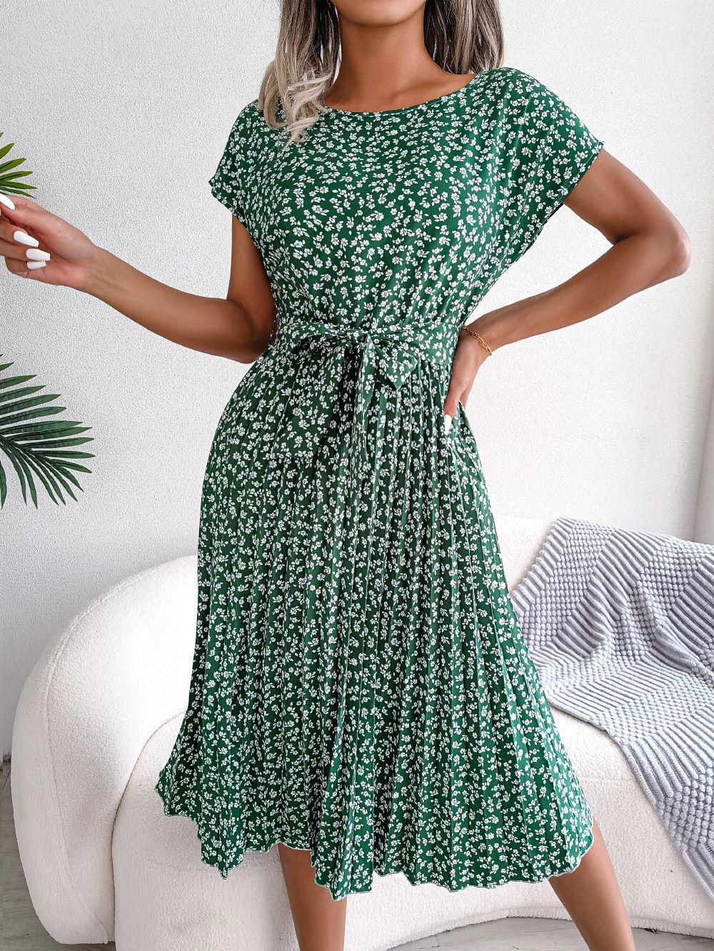 Feng Real Spring/Summer Floral Pleated Skirt with Short Sleeves - Women s European American Style XL