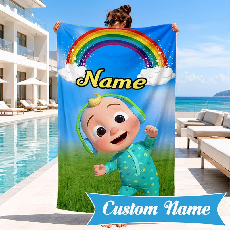 Custom Name Coco-melon Happy Journey Beach Towel Microfiber Beach Towel, Lightweight and Quick-Dry, for Summer Travel, Swimming Pool Gift