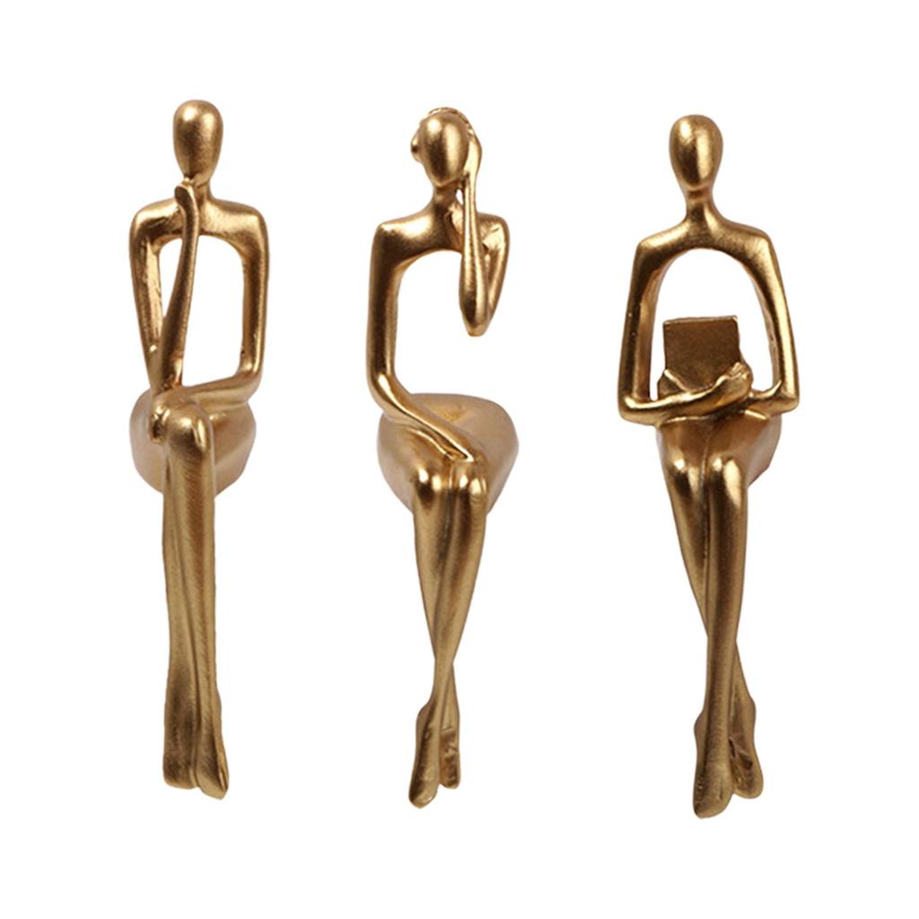 3x Sitting Thinker Statue Sitting Posture Figurine for Table Bookcase Decor