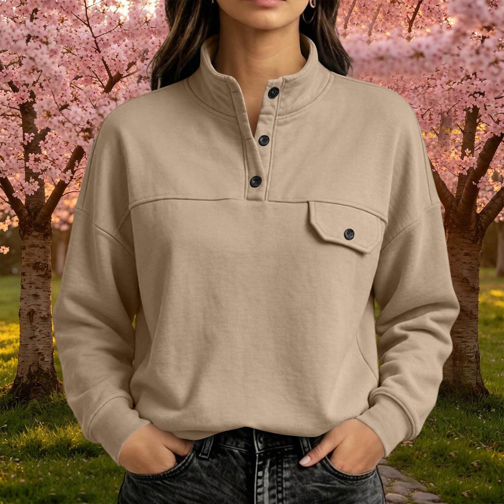Women's Long Sleeve Crewneck Pocket Sweatshirt Casual Pullover for Everyday Wear
