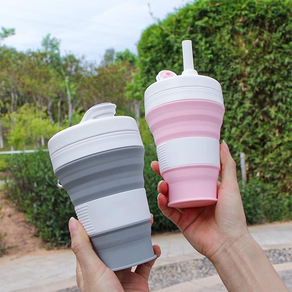 450ml/15oz Silicone Folding Cup with Straw Lid and Carabiner Coffee Cup Suitable for Travel Camping Picnic Travel Mountaineering