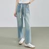 Summer Denim Jeans Women High Elastic Waist Drawstring Bleached Wide Leg Blue Jean Pants Streetwear Denim Trousers