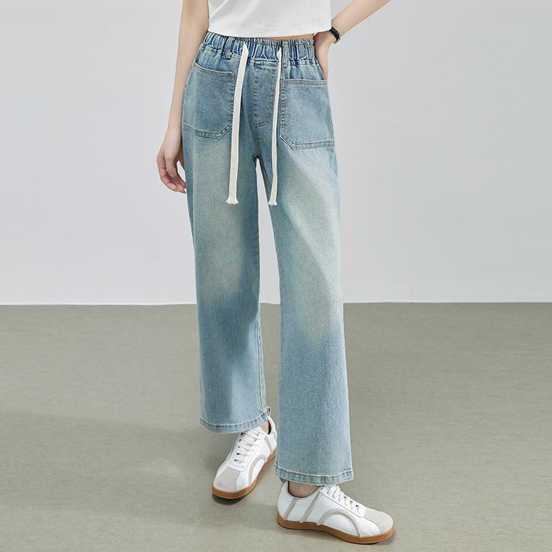 Summer Denim Jeans Women High Elastic Waist Drawstring Bleached Wide Leg Blue Jean Pants Streetwear Denim Trousers