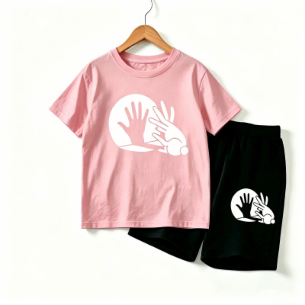 Rabbit Shadow Print Outdoor Street Kids T-shirt and Shorts Summer Home Casual Outfit Boy and Girl's Sports Set