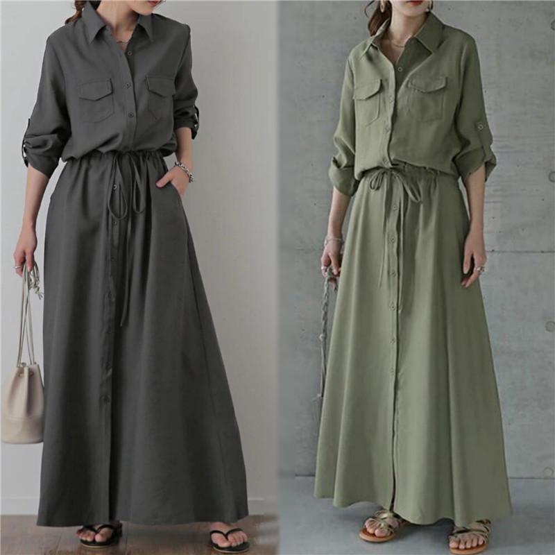 Women's Spring/Autumn Turn-Down Collar Maxi Shirt Dress - Long Sleeve, Solid Color, Casual
