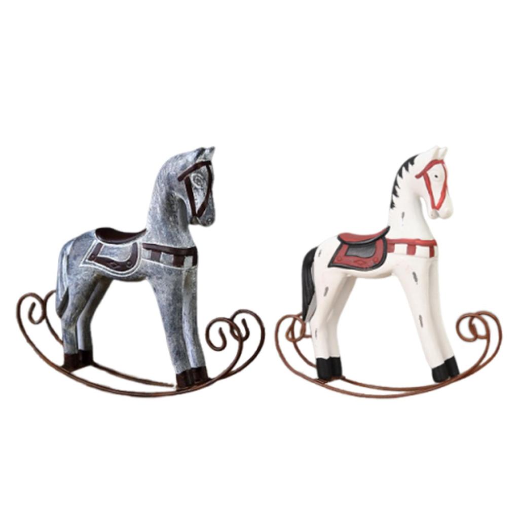 Wooden Rocking Horse Statue Animal Sculpture Collection Desktop Ornament for Nightstand Cabinet Countertop Bookshelf Decor