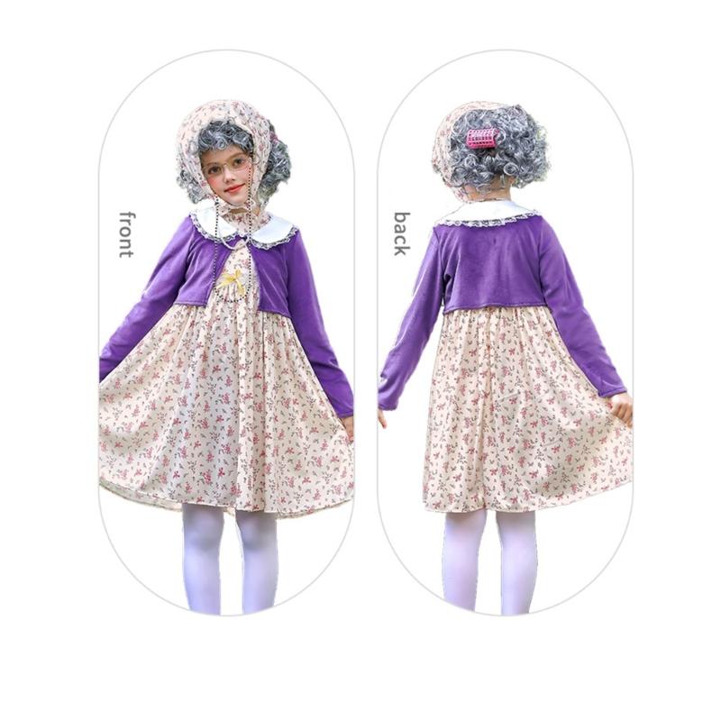 100 Day of School Cosplay Costume Set Kids Old Lady Costume Accessories Faux Pearls Necklace Glasses Crutch Floral Dress
