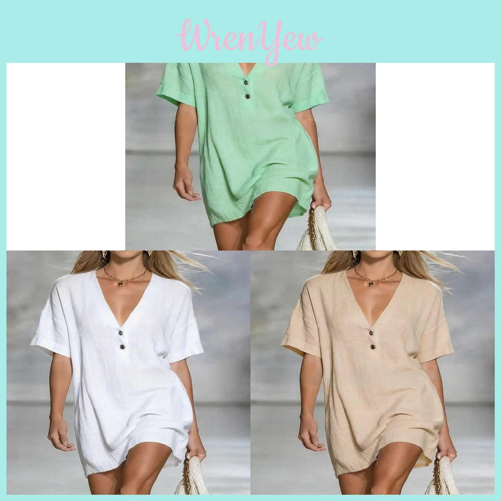 Abito Estivo in Cotone e Lino da Donna con Scollo a V e Collo Semiaperto Stile Casual A-line