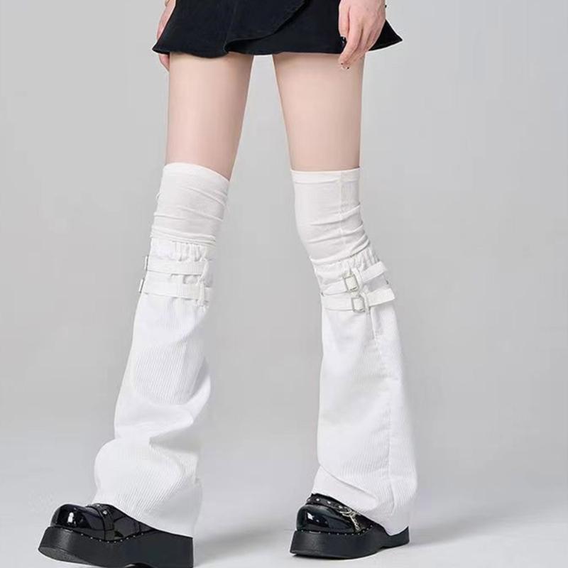 Harajuku Aesthetic Solid Color Leg Warmer Long Socks for Women Punk Buckled Strap Fastener Flared Leg Sleeves Streetwear