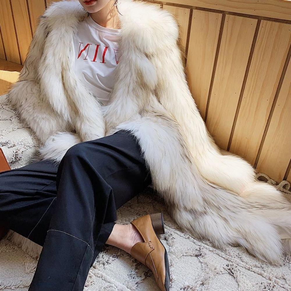 Winter New Imitation Raccoon Fur Coat Long Warm Woven Fox Hair Light Luxury Fur Coat Women