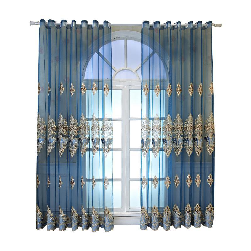 European-style Embroidered Blue Roman Embroidered Sheer Curtain for Living Room, Bedroom, Room Decoration Curtain Gauze Curtain Home Decor