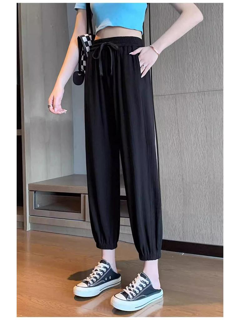 Petite Ice Silk Drawstring Sweatpants, Women's Summer Thin Lantern Style, Mosquito-Proof, Cuffed for Cool Comfort.