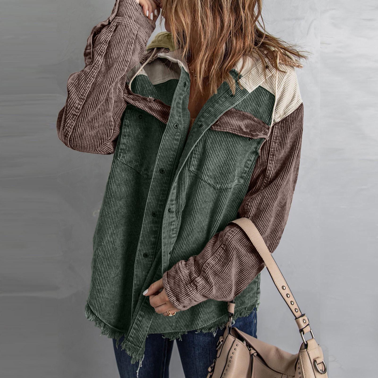 Women Corduroy Hooded Jacket Long Sleeve Button Down Shirt Outerwear Casual Oversized Coat XL зелёный