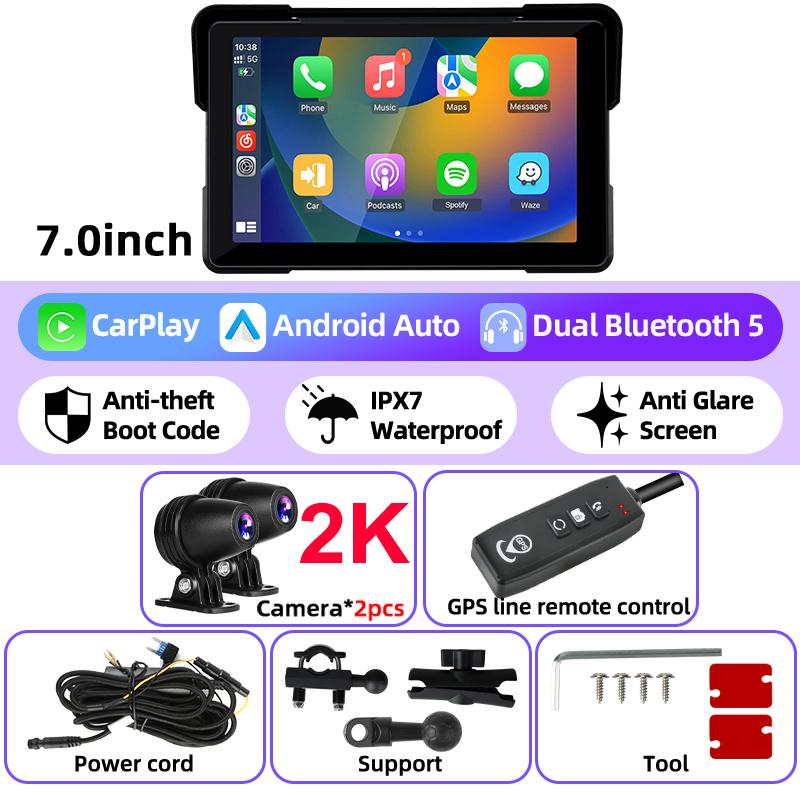 7" Motorcycle 2K DVR Wireless Carplay Android Auto Portable Screen GPS Navigation IPX7 Waterproof Monitor Dash Cam Bluetooth