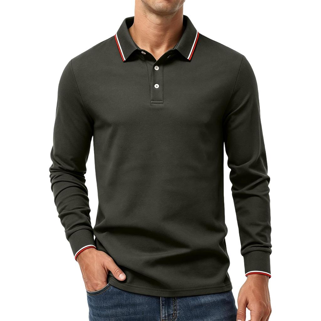 Men's Long Sleeve Polo Shirt Classic Solid Color Button Down Collar Slim Fit Casual Top for Everyday Wear Comfortable Fabric