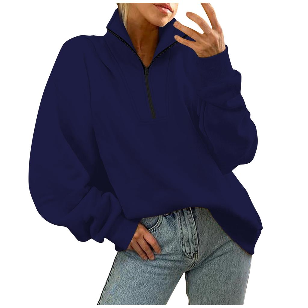 Sweat-shirt décontracté pour femme à la mode, couleur unie, col en V, zippé, ample, manches longues, poche latérale