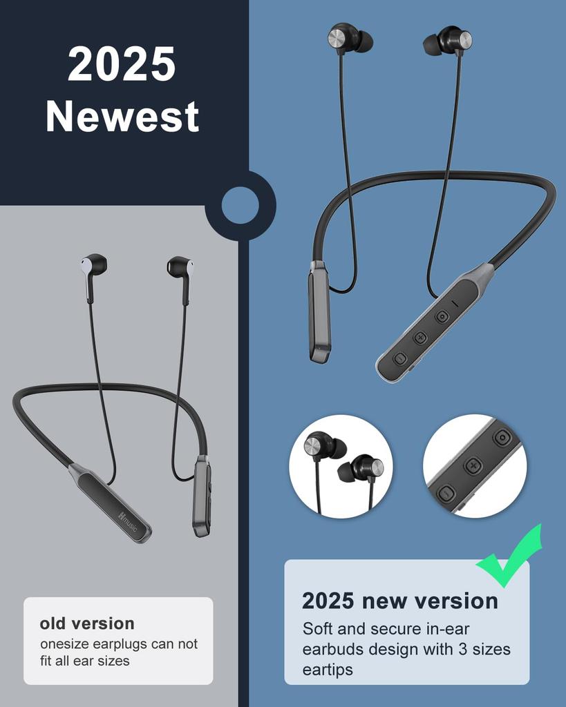 Hmusic 2025 Neckband Earphones, Bluetooth 5.4, 30+ Hours of Battery Life, IPX5 Waterproof, Multi-Point Headphones with Magnetic, Game Mode, Noise