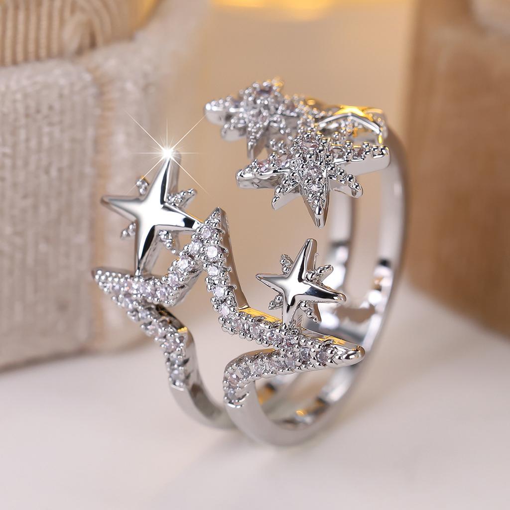 Silver Color Sparking Zircon Starlight Ring for Women Adjustable Beautiful Princess Party Jewelry Accessories Gifts
