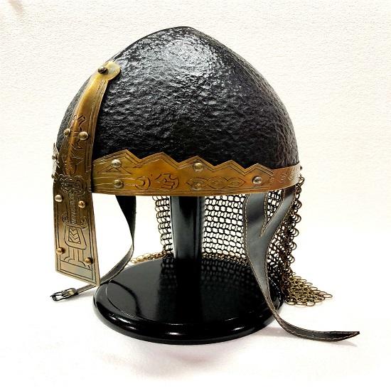 Medieval Norman Viking Antique Black Amour Iron and Brass Chainmail Wearable Helmet with Wooden Stand
