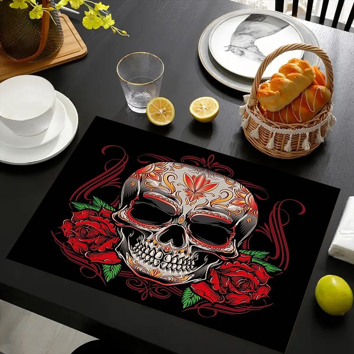 

4/6/8Pcs Mexican Day of The Dead Skull Linen Placemat Skull Placemats Table Decor Sugar Skull Band of Musician Festival Decor 4Pcs-30X45cm(12X18in