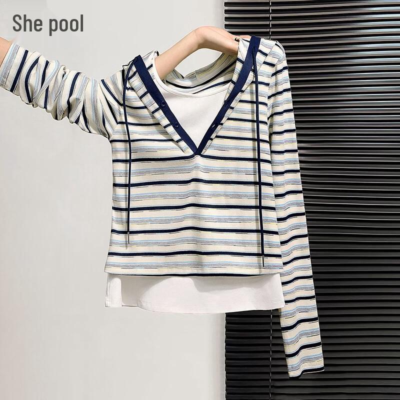 

Women s Striped Faux Two-Piece Hooded Long Sleeve Tee L